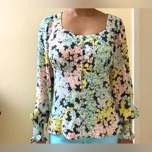 Loft Garden Smocked Cuff Square Neck Retro Blouse